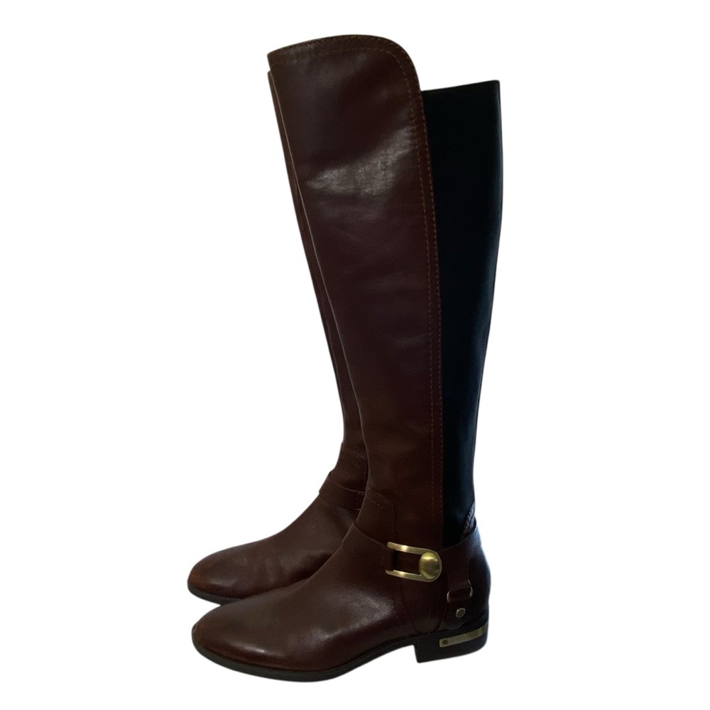 Vince Camuto Riding Leather Tall Boots Brown 8M Black Ealstic Panel Pearly Gold